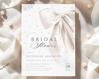 Bridal Shower Invitation Template Digital Editable Design Elegant Wedding Celebration Card Printable Pearl Accent Bow Canva Ivory