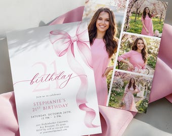 May include: A pink 21st birthday invitation with a watercolor bow and ribbon design. The invitation includes the text "21 birthday" and event details. A photo collage shows a woman in a pink dress.