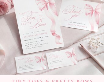 May include: A baby shower stationery set featuring a large invitation, a thank you card, a books for baby card, and a diaper raffle card. Each piece is white with pink watercolor bow illustrations and elegant pink script text throughout.