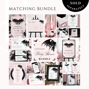 May include: A matching bundle of gothic baby shower decorations in pink and black. The bundle includes invitations, signs, menus, and thank you cards, all featuring bat wing designs and the text "Gothic Baby Shower Bundle".