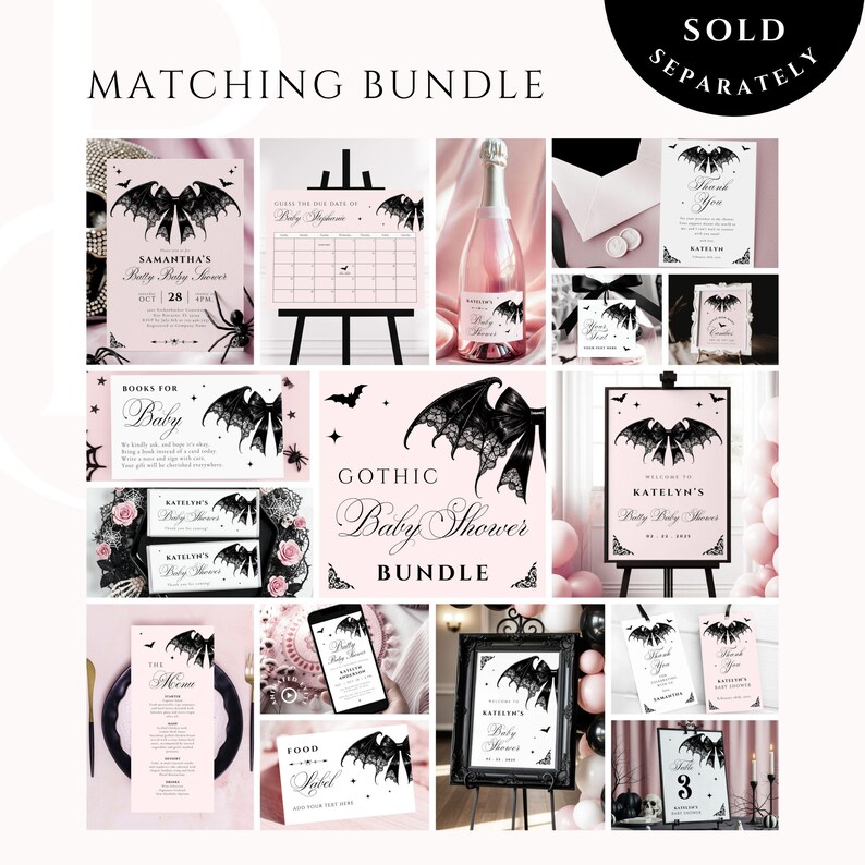 May include: A matching bundle of gothic baby shower decorations in pink and black. The bundle includes invitations, signs, menus, and thank you cards, all featuring bat wing designs and the text "Gothic Baby Shower Bundle".