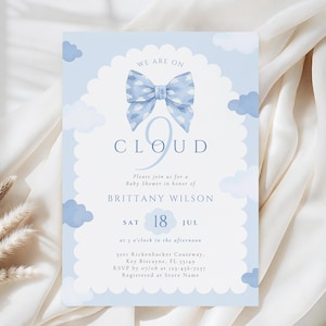 Invitación para baby shower de Cloud 9: Lazo azul coqueto (Plantilla editable)