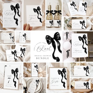 May include: A collection of bridal shower stationery featuring a black bow design. Includes invitations, thank you cards, table cards, and signs. The text "She's Tying the Knot" is prominently displayed on several items. The color scheme is black and white.