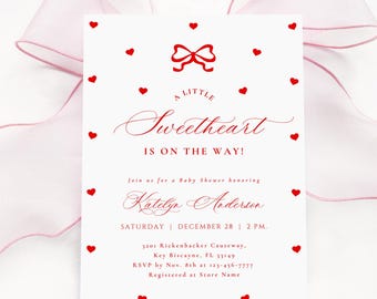 Elegant Little Sweetheart Baby Shower Invitation, Valentine Baby Girl Invite Red Bow & Hearts, February Sweetheart Editable Canva Template