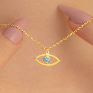 Evil Eye Necklace with Birthstone, Gold Evil Eye Necklace, Evil Eye Charm, Gift For Mom, Minimalist Necklace, Birthday Gift, Dainty Necklace