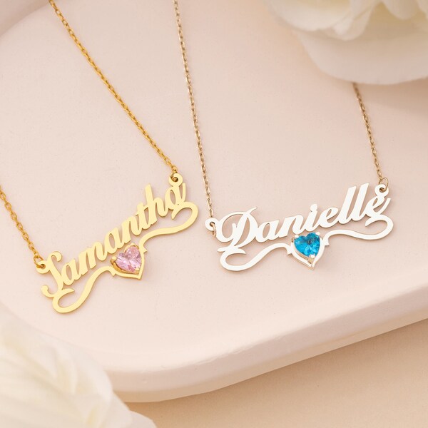 14K Gold Personalized Name Necklace with Birthstone, Birthstone name necklace, Custom Name Necklace, Children Name Necklace, Name Necklace
