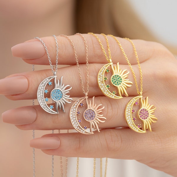 Sun Moon Necklace with Birthstone, Celestial Sunshine Necklace, Solar Eclipse Necklace, Crescent Moon Necklace, Sun Necklace, Stars Necklace
