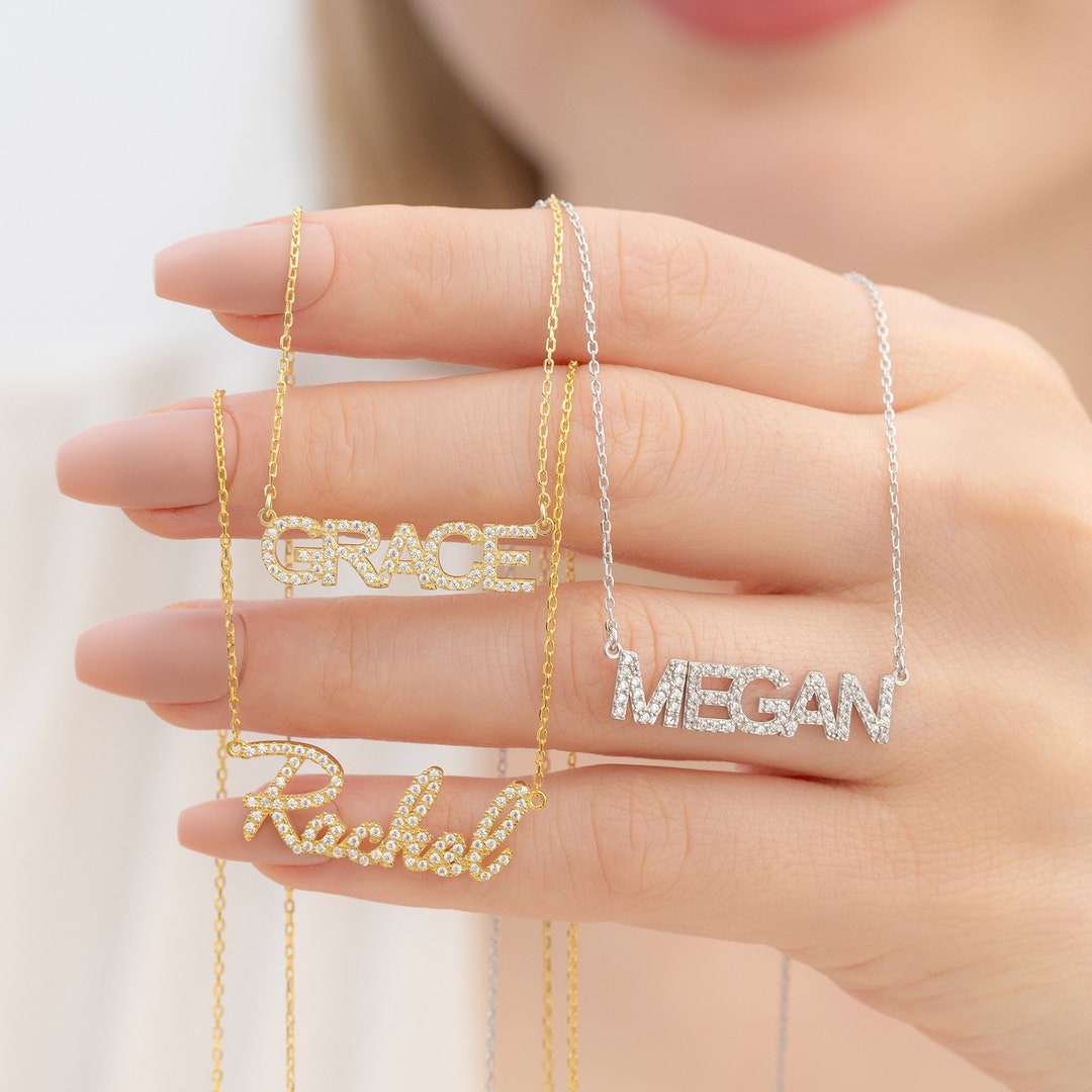 14K Gold Personalized Diamond Name Necklace, Personalized Crystal Name Necklace, Pave Name Necklace, Personalized Jewelry, Valentine Gift - Etsy