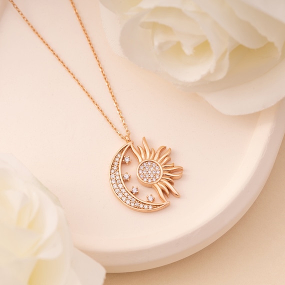 Sun Moon Necklace: Sterling Silver Celestial Birthstone Pendant
