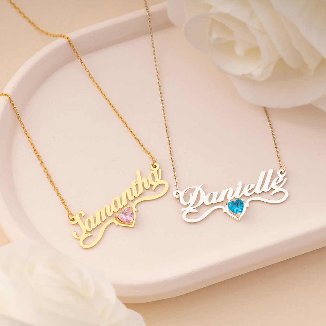 14K Gold Personalized Name Necklace With Birthstone, Birthstone Name