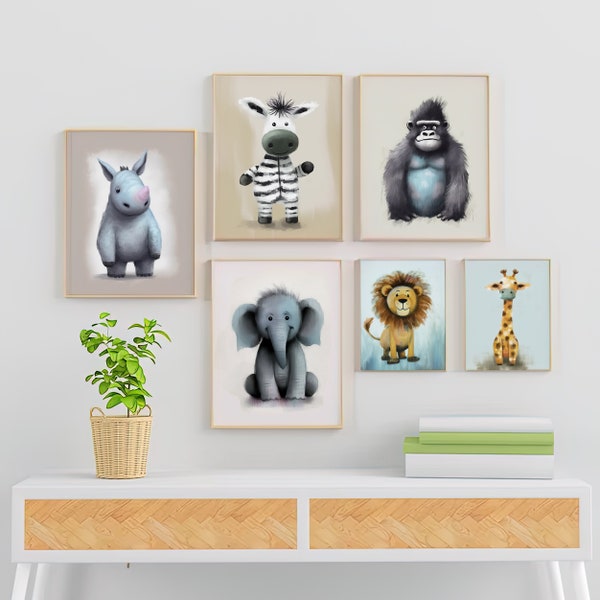 Set of 6 Safari Baby animals, Safari Nursery Prints, Safari Scandi Nursery, Zebra Elephant Rhinoceros Lion Girafe gorilla, Nursery Wall Art