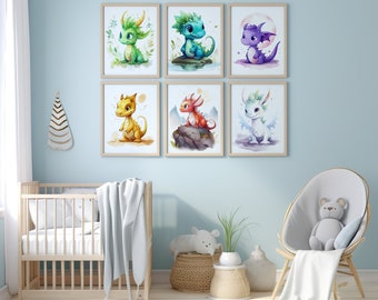 babynursery decor Set of 6 Dragons faerie dragon poster kid mailed prints baby rose dragon baby Poster toon dragon baby theme