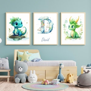 Custom Set of 3 Dragon Nursery Wall Art Poster, Personalized baby name poster, Baby Shower, babynursery Decor, Set 3 Mailed Posters