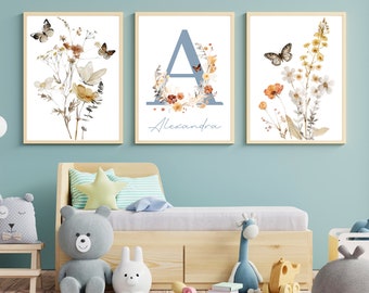 Impressions personnalisées de fleurs sauvages avec nom de l'enfant Art mural floral pour chambre de bébé, Bohème Fleurs à l'aquarelle