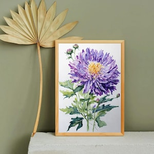 Watercolor Aster Art Print: September Birth Flower Digital Download