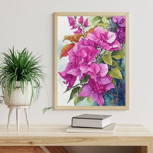 Bougainvillea Watercolor Wall Art, Mediterranean Summer Landscape Painting, Original Watercolour Art, Bougainvillea Decor