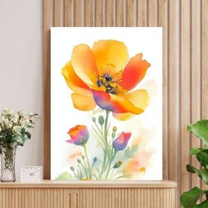 California Poppy Watercolor Art Print. Poppy Home Decor. Floral Farmhouse Wall Decor. Wildflower Minimalist Decor. Golden Poppy Art.