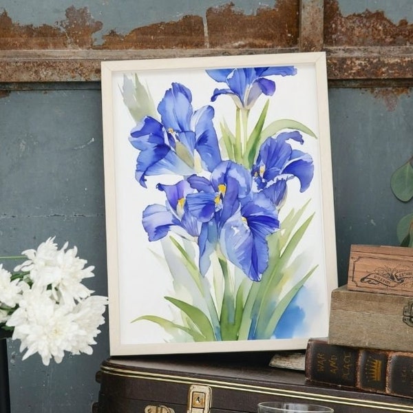 Blue Iris Flower Art, Watercolor Iris Painting, Iris Art Print, Watercolor Floral Print, Blue Flowers, Blue Iris Print Download