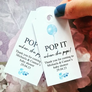 30 x Personalised Baby Shower Favours / Pop it when she pops tags / Favor Tags / Baby Boy / Blue  / Personalised Prosecco Tag / Favour Ideas