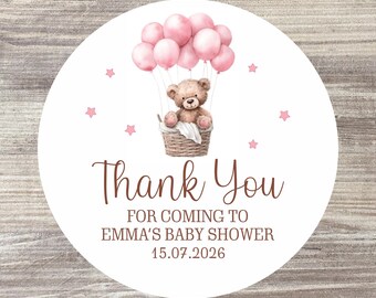 Personalised Teddy Bear Baby Shower Stickers – Pink Balloons, Girl Favours