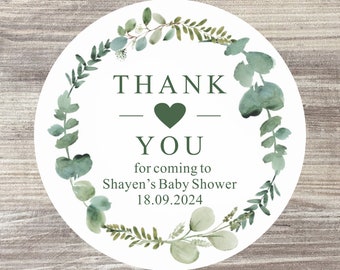 24 x Baby Shower Stickers | Thank You For Coming | Personalised Favour Stickers | Baby Name Eucalyptus Stickers | Botanical | 45MM or 37MM