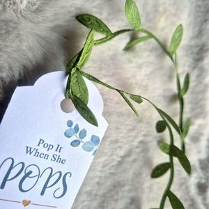 Personalised Baby Shower Favours / Pop it when she pops tags / Favor Tags / Eucalyptus Tags / Personalised Prosecco Tag /Popcorn Favours Leaf Ribbon
