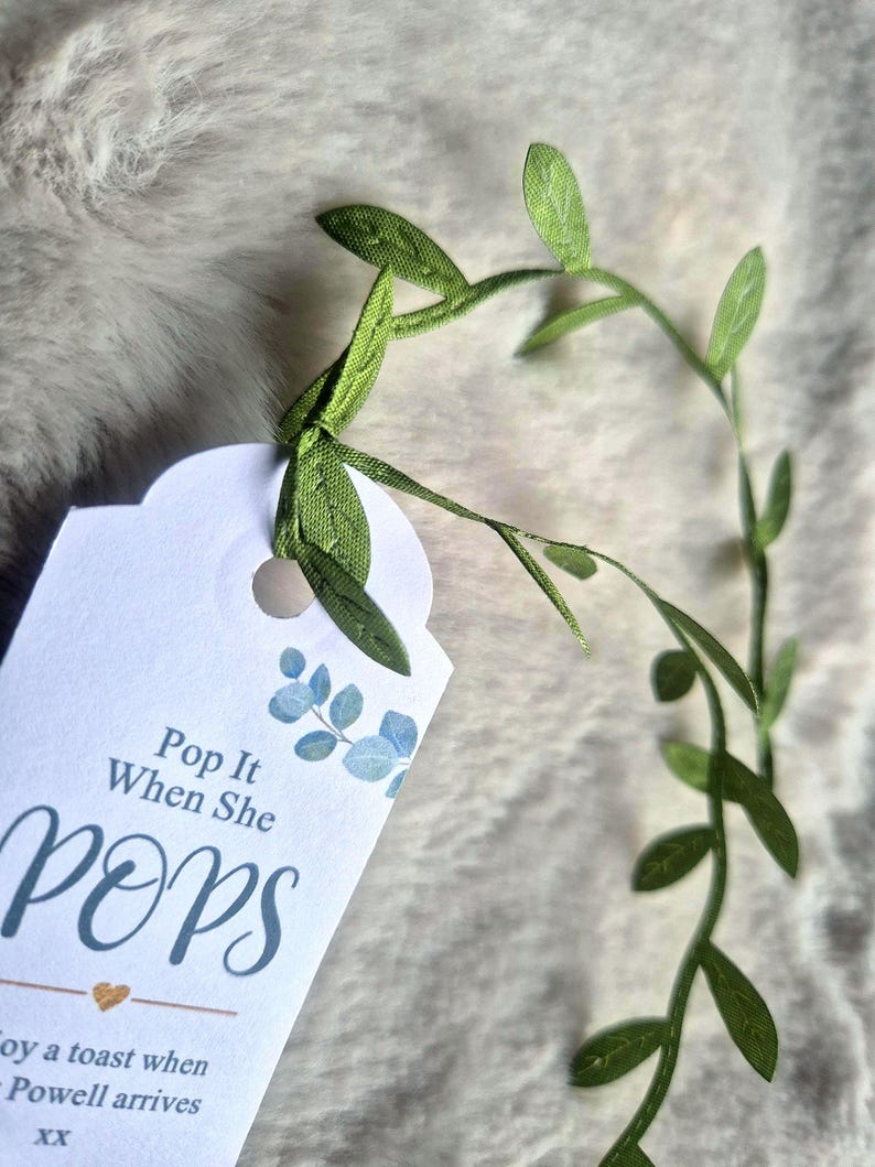 Personalised Baby Shower Favours / Pop it when she pops tags / Favor Tags / Eucalyptus Tags / Personalised Prosecco Tag /Popcorn Favours Leaf Ribbon