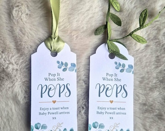 Personalised Baby Shower Favours / Pop it when she pops tags / Favor Tags / Eucalyptus Tags / Personalised Prosecco Tag /Popcorn Favours