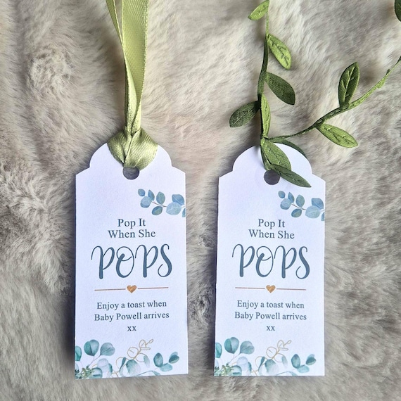 Personalised Baby Shower Favours / Pop it when she pops tags / Favor Tags / Eucalyptus Tags / Personalised Prosecco Tag /Popcorn Favours