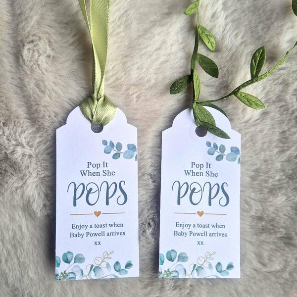 Personalised Baby Shower Favours / Pop it when she pops tags / Favor Tags / Eucalyptus Tags / Personalised Prosecco Tag /Popcorn Favours
