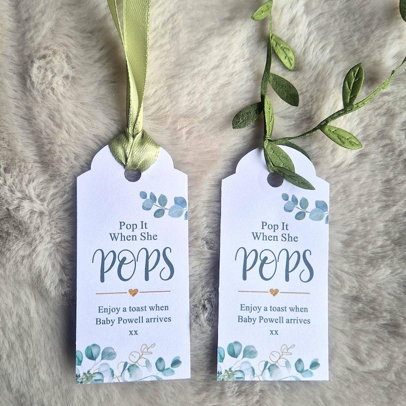 Personalised Baby Shower Favours / Pop it when she pops tags / Favor Tags / Eucalyptus Tags / Personalised Prosecco Tag /Popcorn Favours image 1