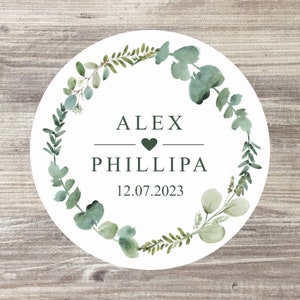 70 x Personalised Wedding Stickers, Wedding Name Stickers, Wedding Favour Stickers, Eucalyptus Wedding Theme image 2