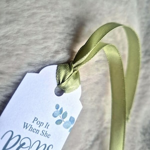 Personalised Baby Shower Favours / Pop it when she pops tags / Favor Tags / Eucalyptus Tags / Personalised Prosecco Tag /Popcorn Favours Sage Ribbon