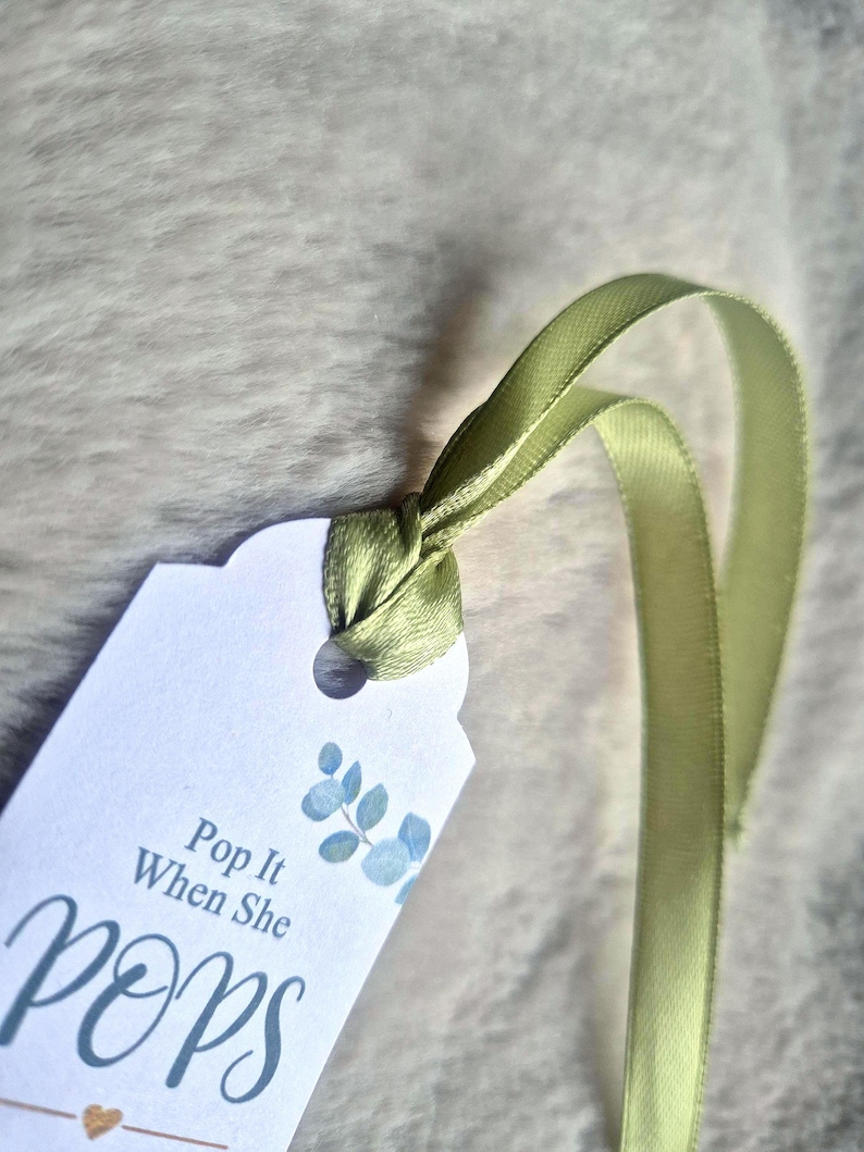Personalised Baby Shower Favours / Pop it when she pops tags / Favor Tags / Eucalyptus Tags / Personalised Prosecco Tag /Popcorn Favours Sage Ribbon