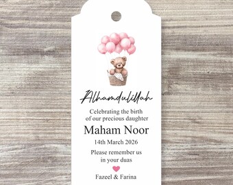 Personalised Baby Girl Announcement Tags – Pink Balloon Teddy Design
