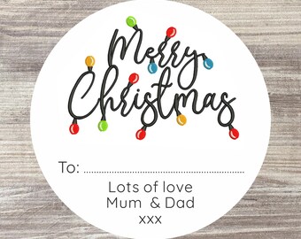 48 Personalised Christmas Stickers - Merry Christmas Labels - Present Labels - Gift Wrap Name Labels - Fairy Lights