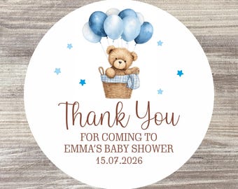 Personalised Teddy Bear Baby Shower Stickers – Blue Balloons, Favor Labels
