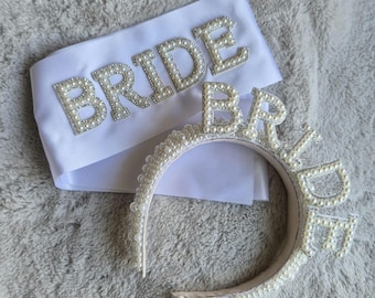 Bride Headband and Sash Set – Crystal Diamanté Satin Hen Party Accessories