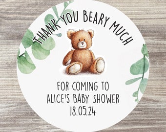 24 x Thank You Beary Much Baby Shower Stickers, Baby Shower Favour Labels, Personalised Baby Shower Stickers, Teddy Bear Stickers