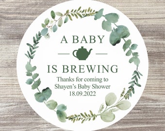 24 x A Baby is Brewing Stickers / Personalised Baby Shower Stickers / Baby Shower Favor / Eucalyptus Sticker / DIY Favour / Botanical Labels