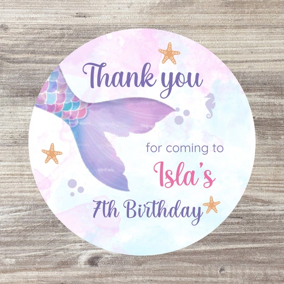 48 x Mermaid Birthday Thank You Stickers / Personalised / Mermaids Theme / Purple / Sweet Cone Stickers / Stickers for Favours / Labels