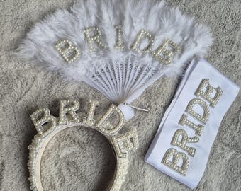 Bride Headband, Fan, Sunglasses and Sash Set – Crystal Diamanté Satin Hen Party Accessories