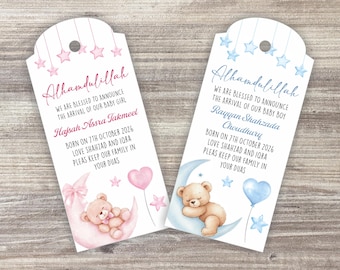 Personalised Muslim Baby Announcement Tags -  Choose Pink or Blue - Add Any Text!