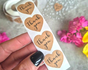 100 x Thank You Stickers - Heart Shaped - Kraft Paper - Business Labels - Packaging Stickers