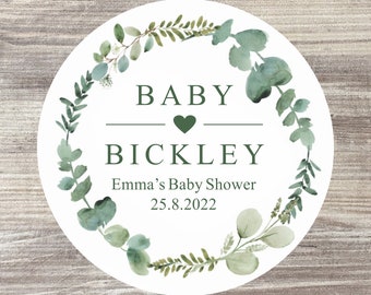 24 x Baby Shower Stickers | Personalised Favour Stickers | Baby Name Eucalyptus Stickers | DIY Favours | Botanical | 45MM or 37MM