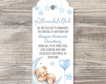 Baby Boy Announcement Tags - Personalised Blue Tags for your Party Favours