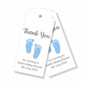 30 x Personalised Baby Shower Gift Tags, Baby Boy baby shower Favours, Candle Favour Tags, Footprint Labels, Thank you Tags