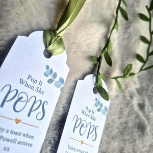 Personalised Baby Shower Favours / Pop it when she pops tags / Favor Tags / Eucalyptus Tags / Personalised Prosecco Tag /Popcorn Favours image 2