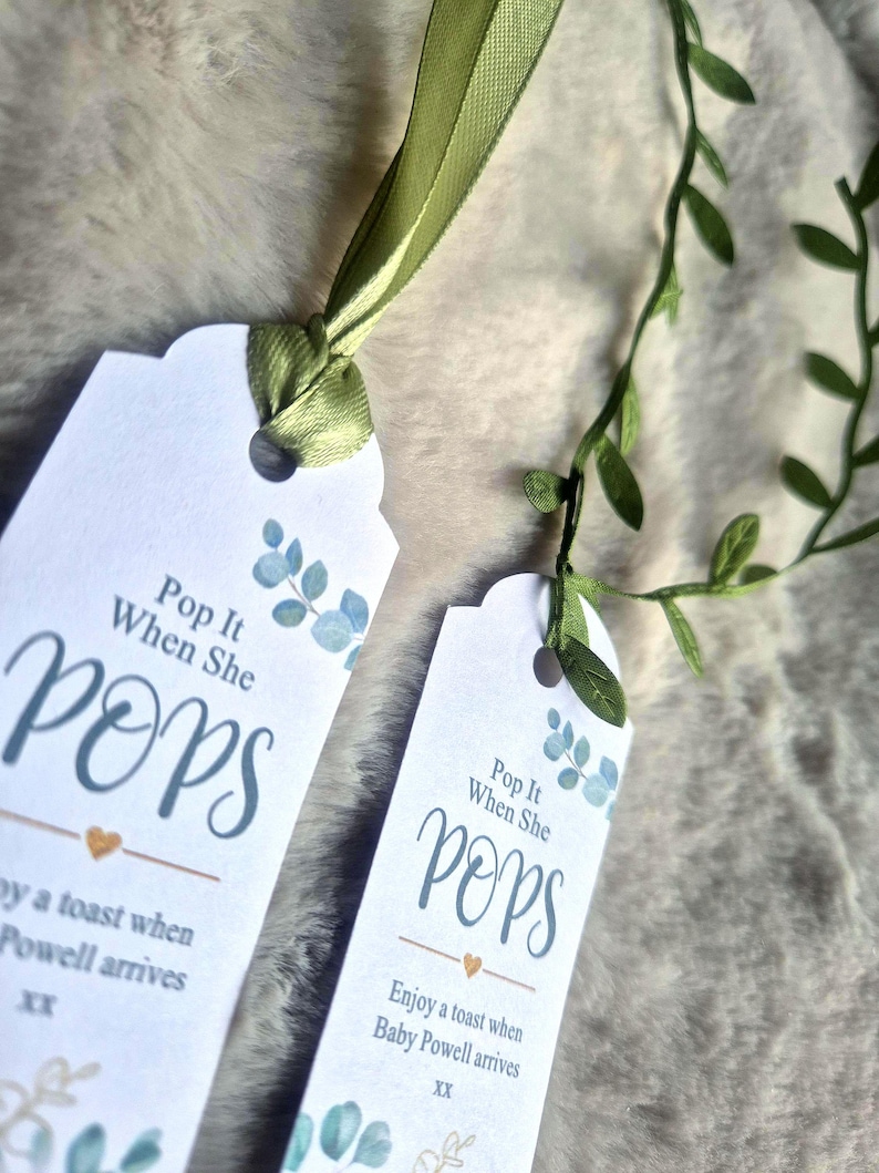 Personalised Baby Shower Favours / Pop it when she pops tags / Favor Tags / Eucalyptus Tags / Personalised Prosecco Tag /Popcorn Favours image 2