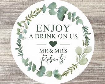 Personalised Wedding Drink Token Stickers, Wedding Name Stickers, Wedding Favour Stickers, Eucalyptus Wedding Theme